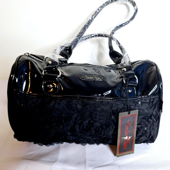 Voodoo Vixen Handbags - Voodoo Vixen Black Floral Satin & Patent Satchel